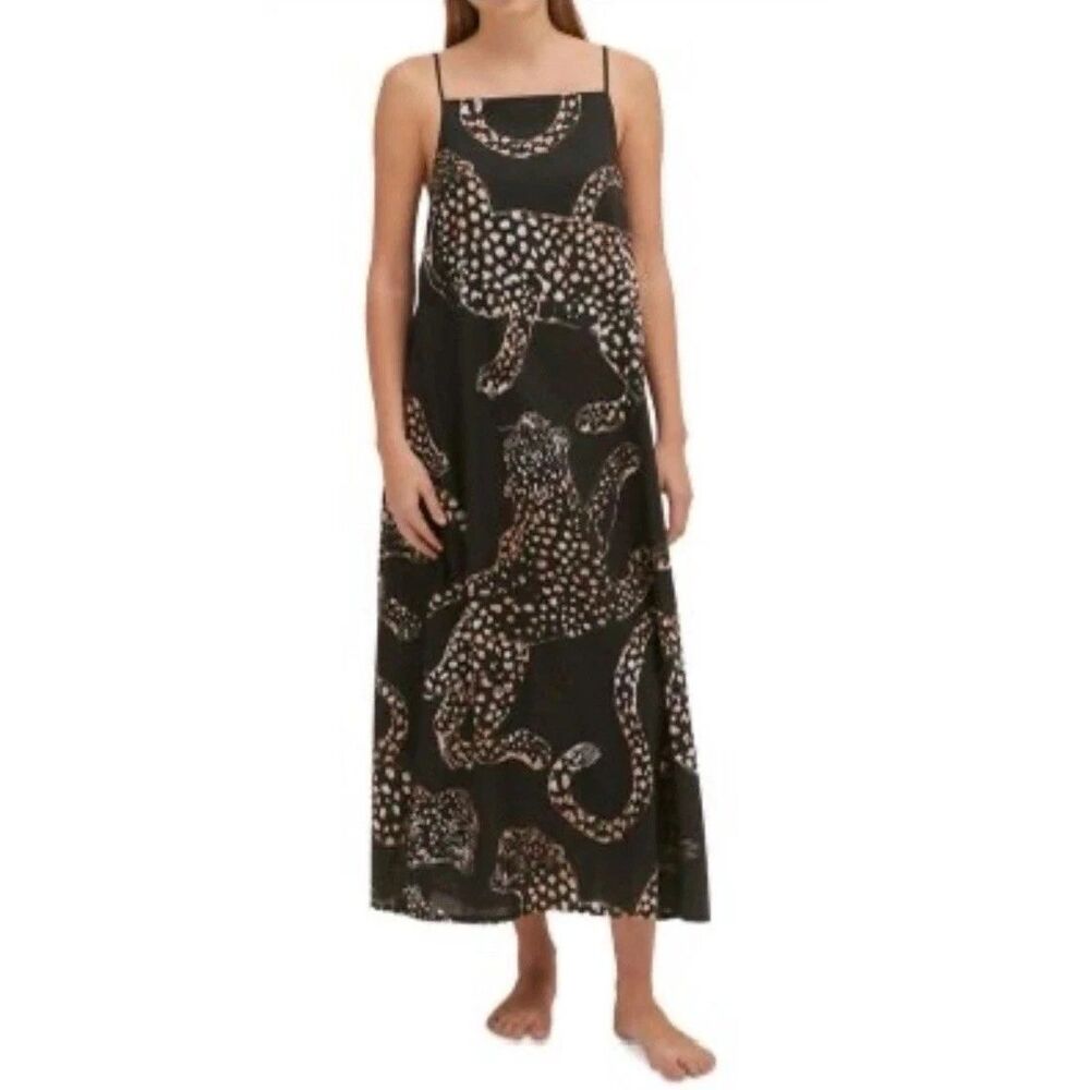 Desmond & Dempsey Leopard Dress Jag Square Neck Long Navy Medium Cotton